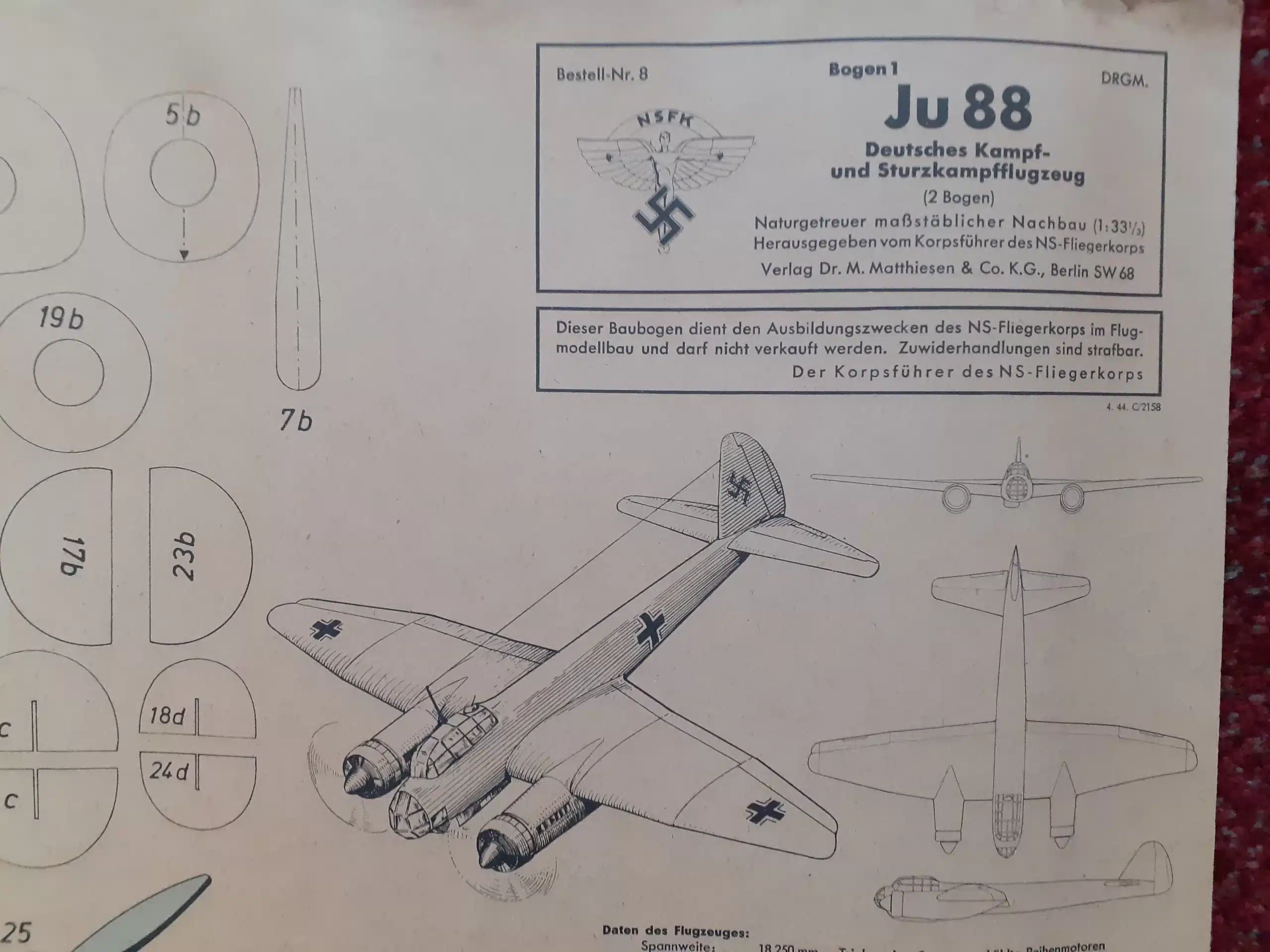 WWII GERMAN PAPER AIRPLANE MODEL KIT, JUNKERS JU-88  CIRCA 1941