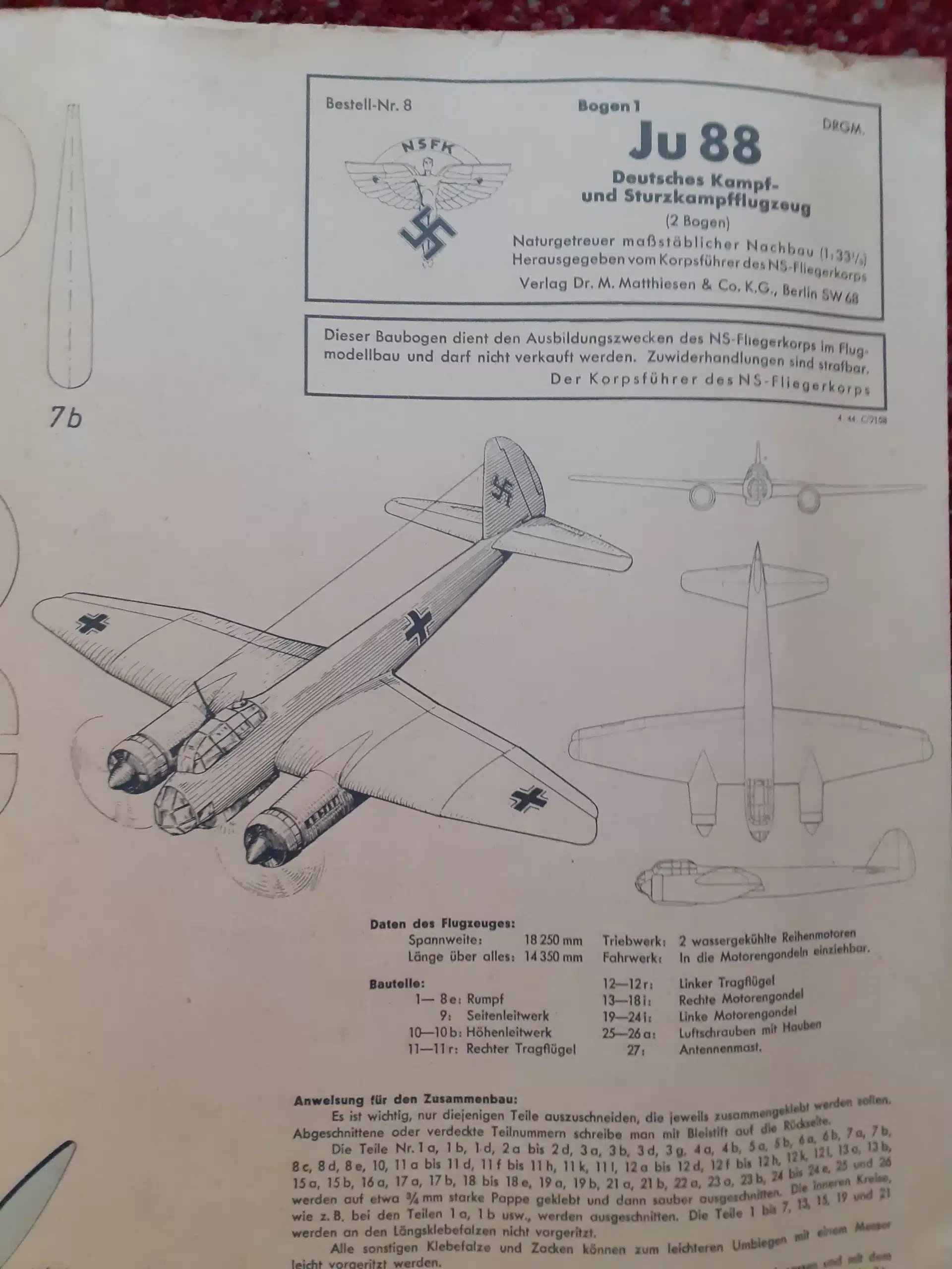 WWII GERMAN PAPER AIRPLANE MODEL KIT, JUNKERS JU-88  CIRCA 1941 - Image 4