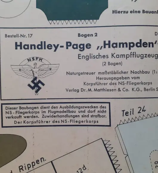 WWII GERMAN PAPER AIRPLANE MODEL KIT, HANDLEY-PAGE "HAMPDEN"  CIRCA 1940