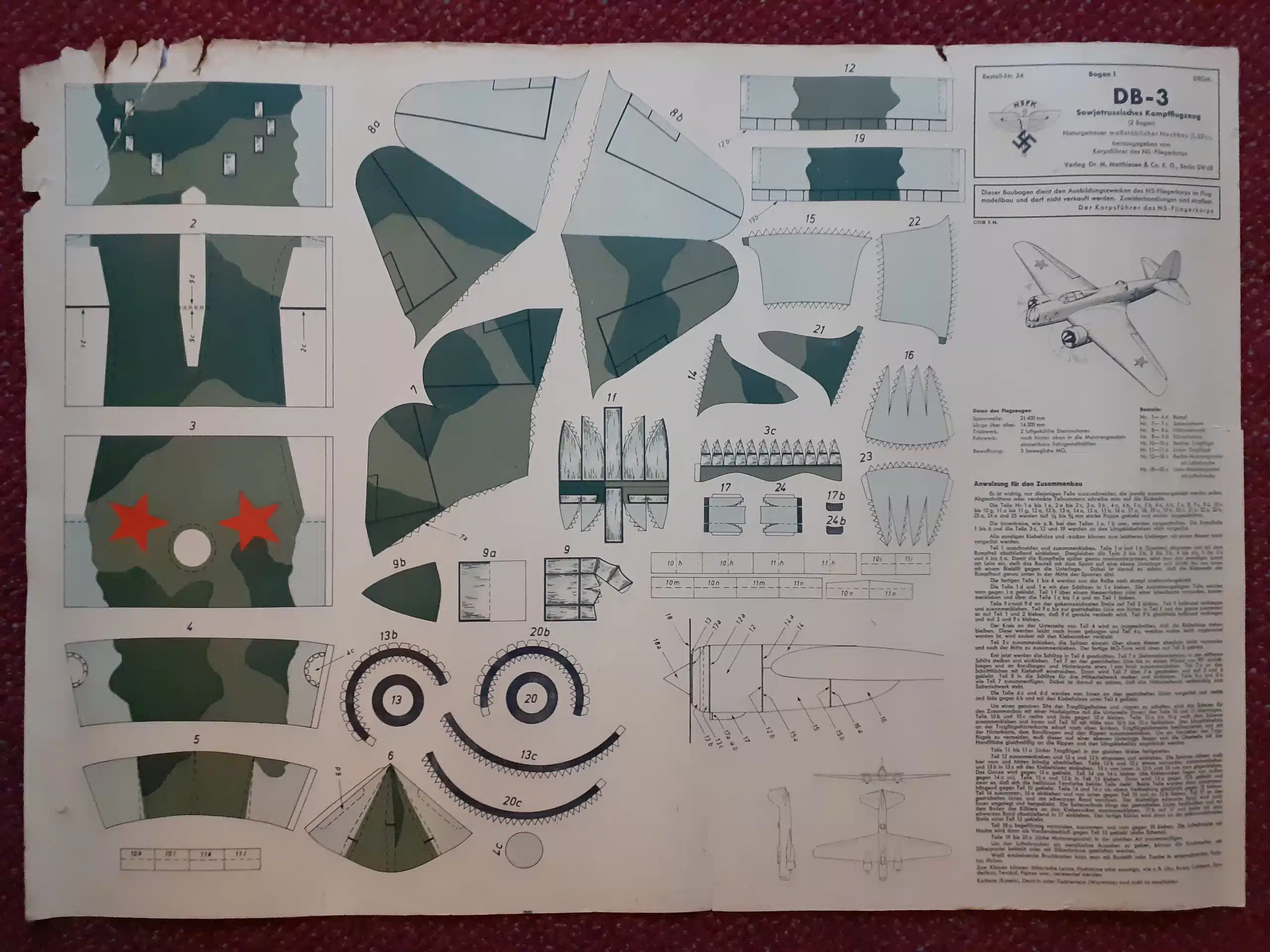 WWII GERMAN PAPER AIRPLANE MODEL KIT, ILYUSHIN DB-3 BOMBER.  CIRCA 1939 - Image 4