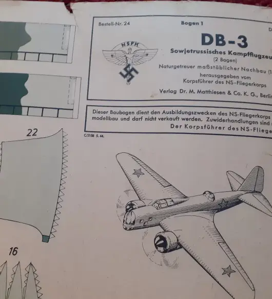 WWII GERMAN PAPER AIRPLANE MODEL KIT, ILYUSHIN DB-3 BOMBER.  CIRCA 1939