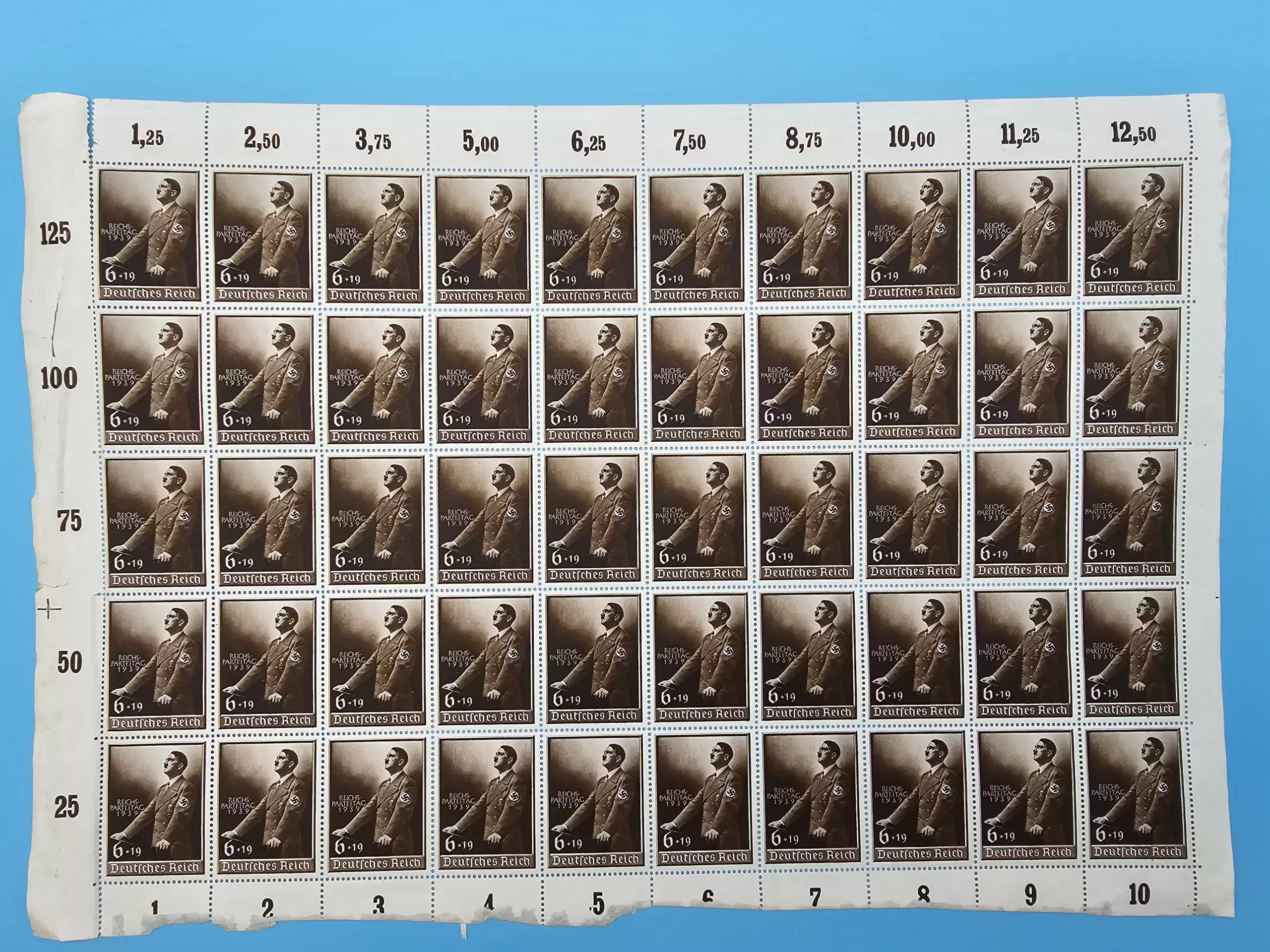 Third Reich Stamps; 1939 Adolf Hitler Portrait with additional inscription "Reichparteitag 1939" sheet of 50 stamps, VF NH - Image 7