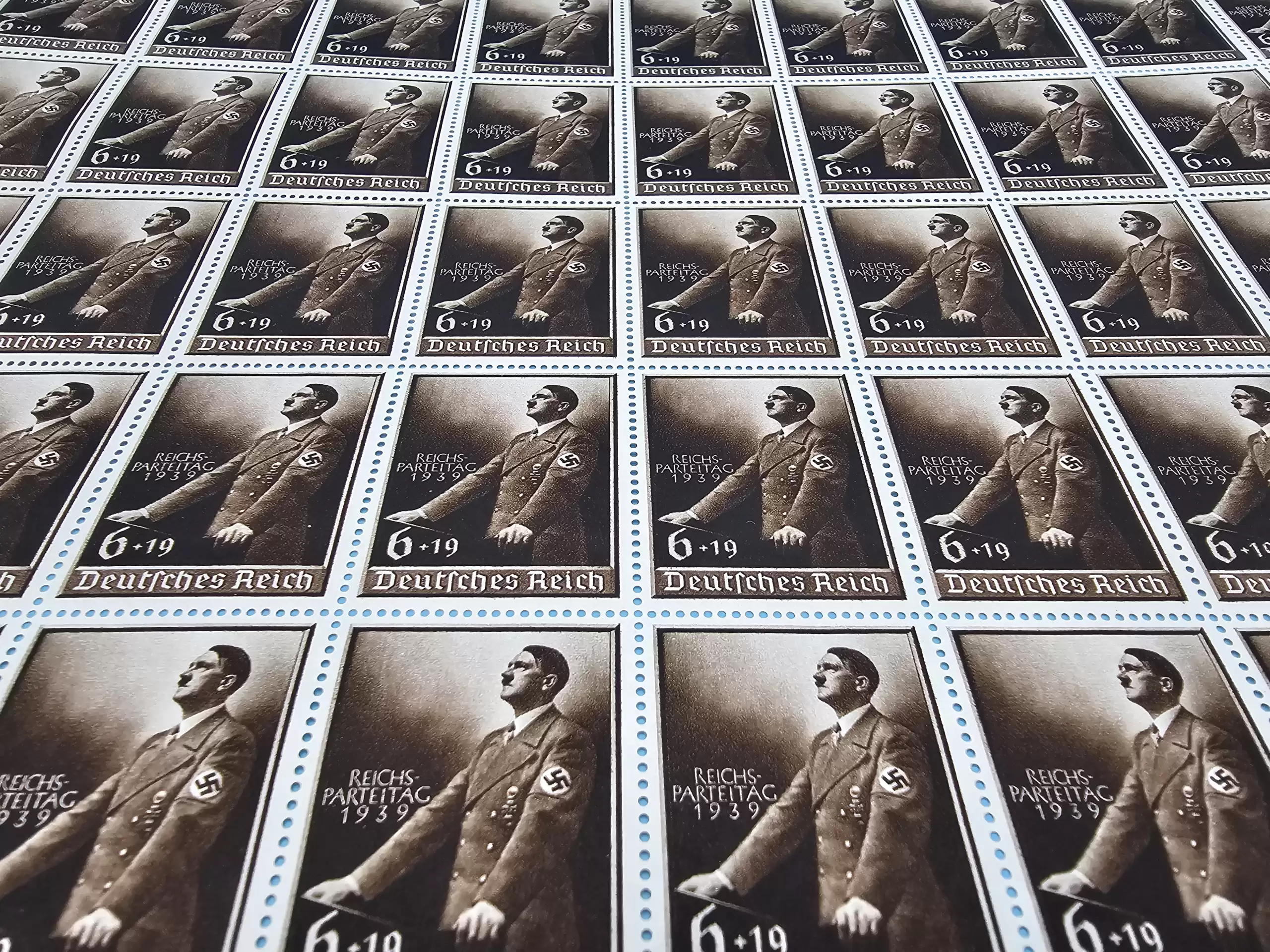 Third Reich Stamps; 1939 Adolf Hitler Portrait with additional inscription "Reichparteitag 1939" sheet of 50 stamps, VF NH