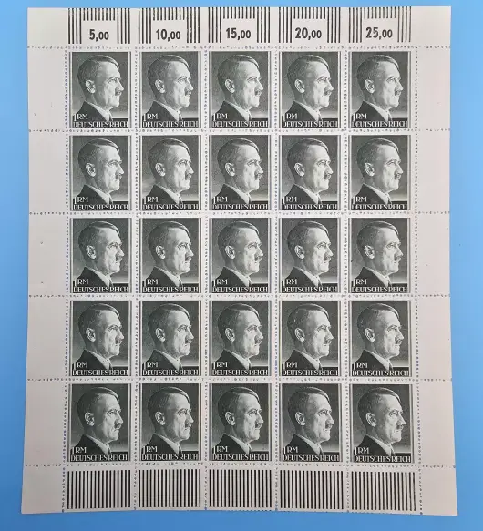 Third Reich Stamps; 1944 Bottle Green, One Reich Mark, Adolf Hitler, sheet of 25 stamps VF NH