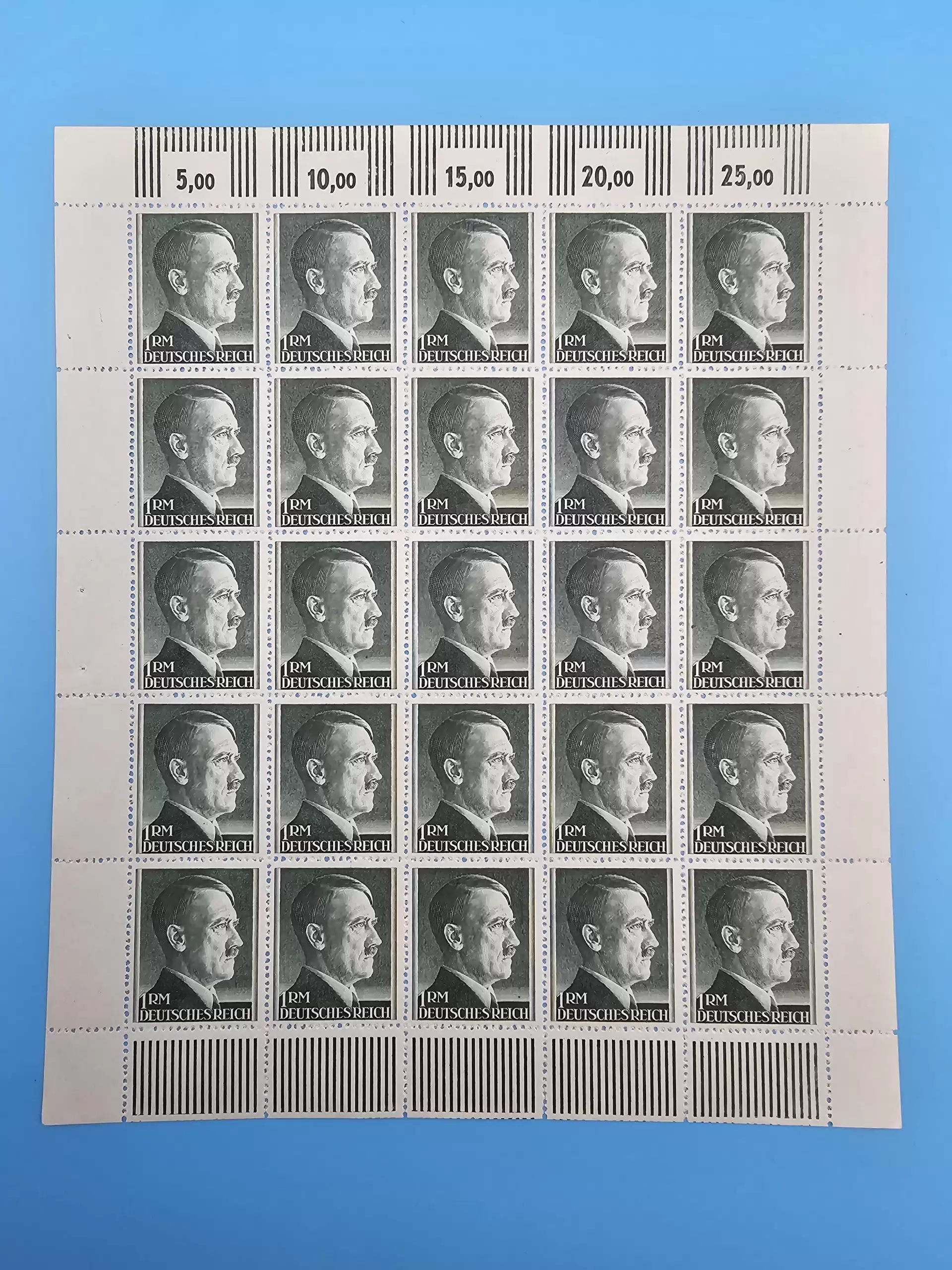 Third Reich Stamps; 1944 Bottle Green, One Reich Mark, Adolf Hitler, sheet of 25 stamps VF NH