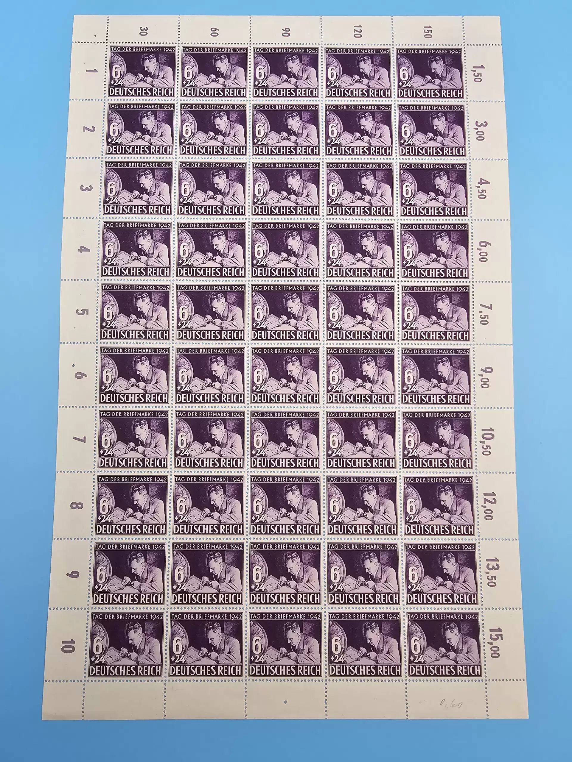 Third Reich Stamps; 1942 philatelist Day and Adolf Hitler's Cultural Fund, sheet of 50 stamps, VF NH - Image 5
