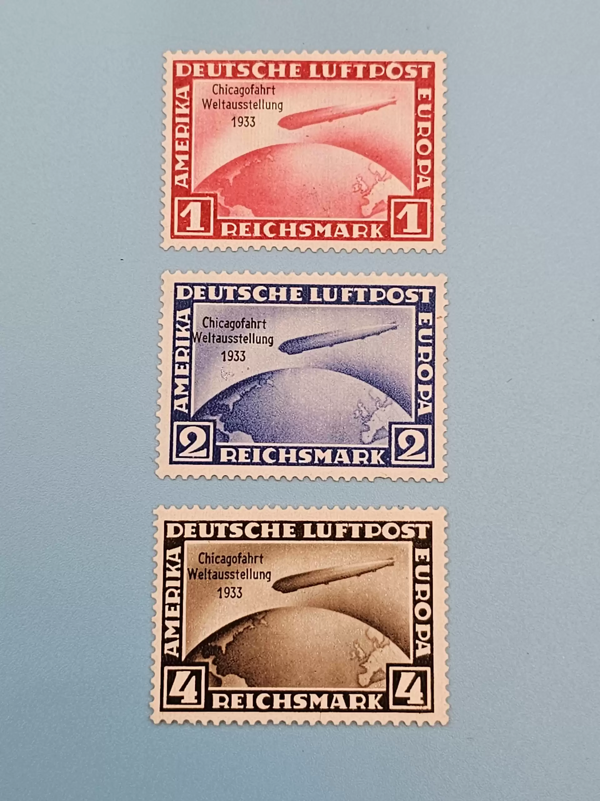 Third Reich Stamps; 1933 Chicago World Exhibition Flight of Graf Zeppelin, set of three, VF NH